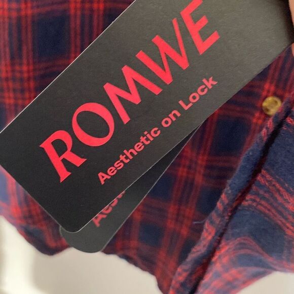 Romwe Women's Red Navy Plaid Long Sleeve Button Up Shirt Size 8/10 NWT - Picture 7 of 11